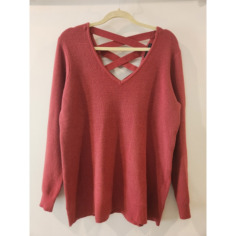 LOVE ELLIE Womens Red Waffle‎ Knit Criss Cross Back V Neck Sweater Size 1X